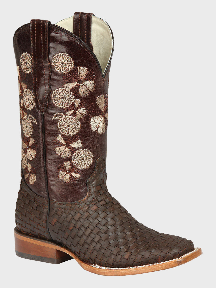 Brown cowboy boot with floral embroidery on a white background