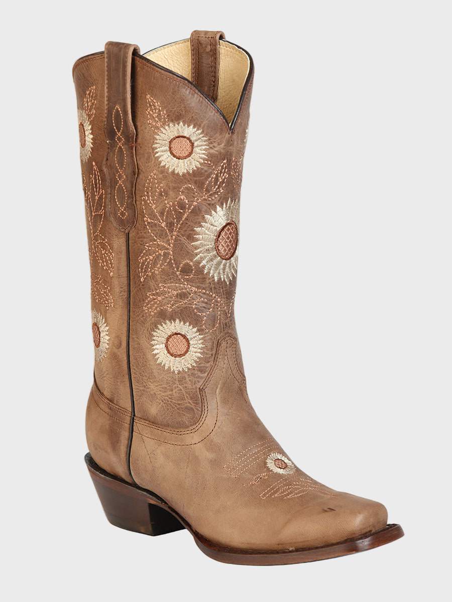 Brown cowboy boot with floral embroidery on a white background