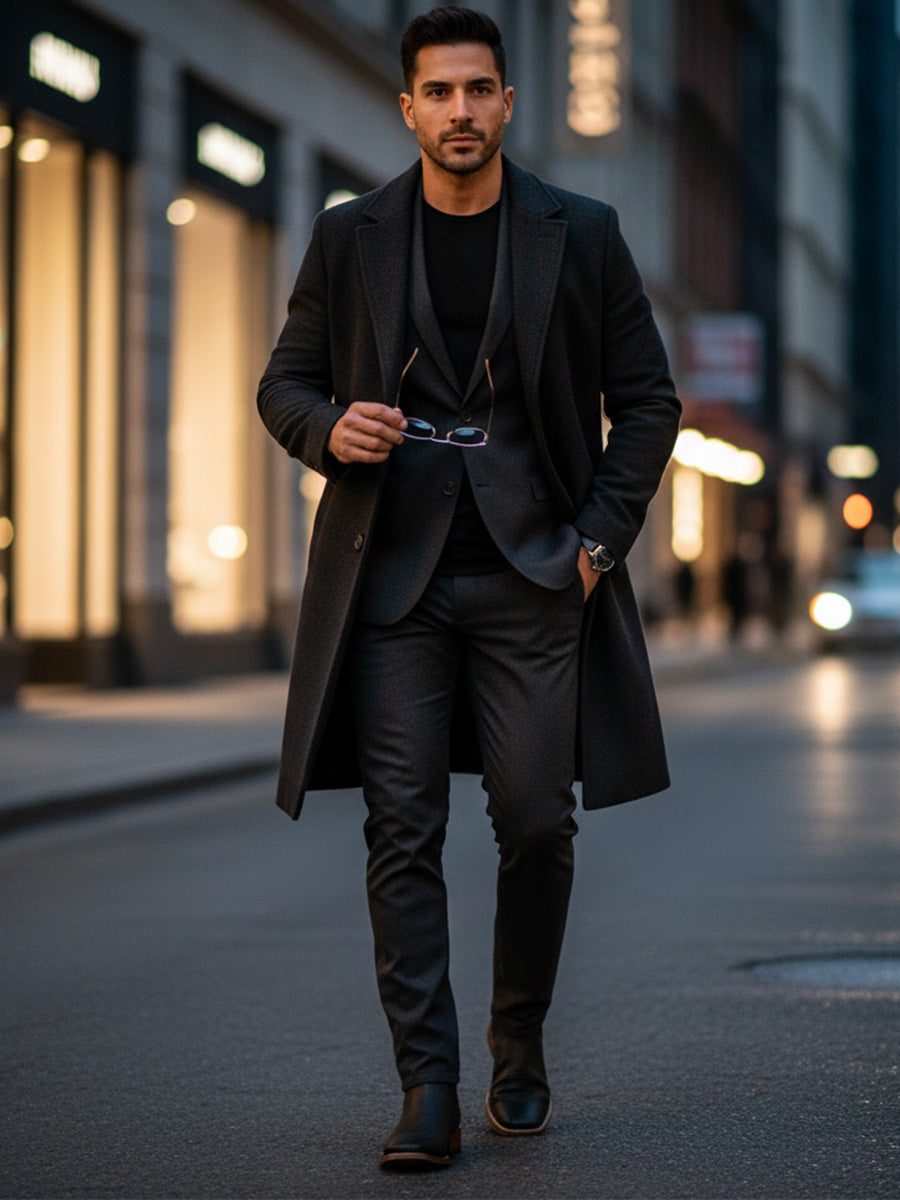 Man in a dark coat and suit walking on a city street.