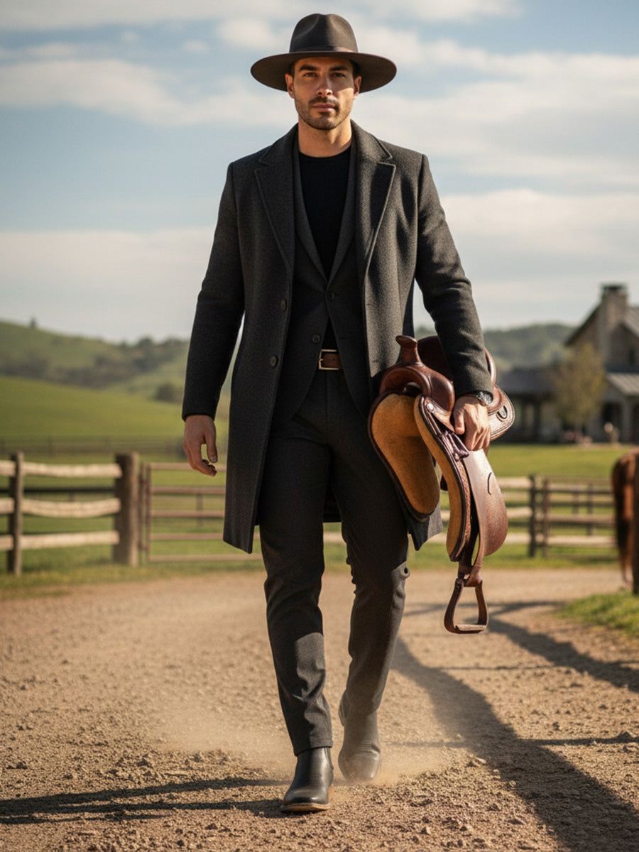 Man in formal attire with a hat, coat, and boots walking on a dirt path with a horse saddle.