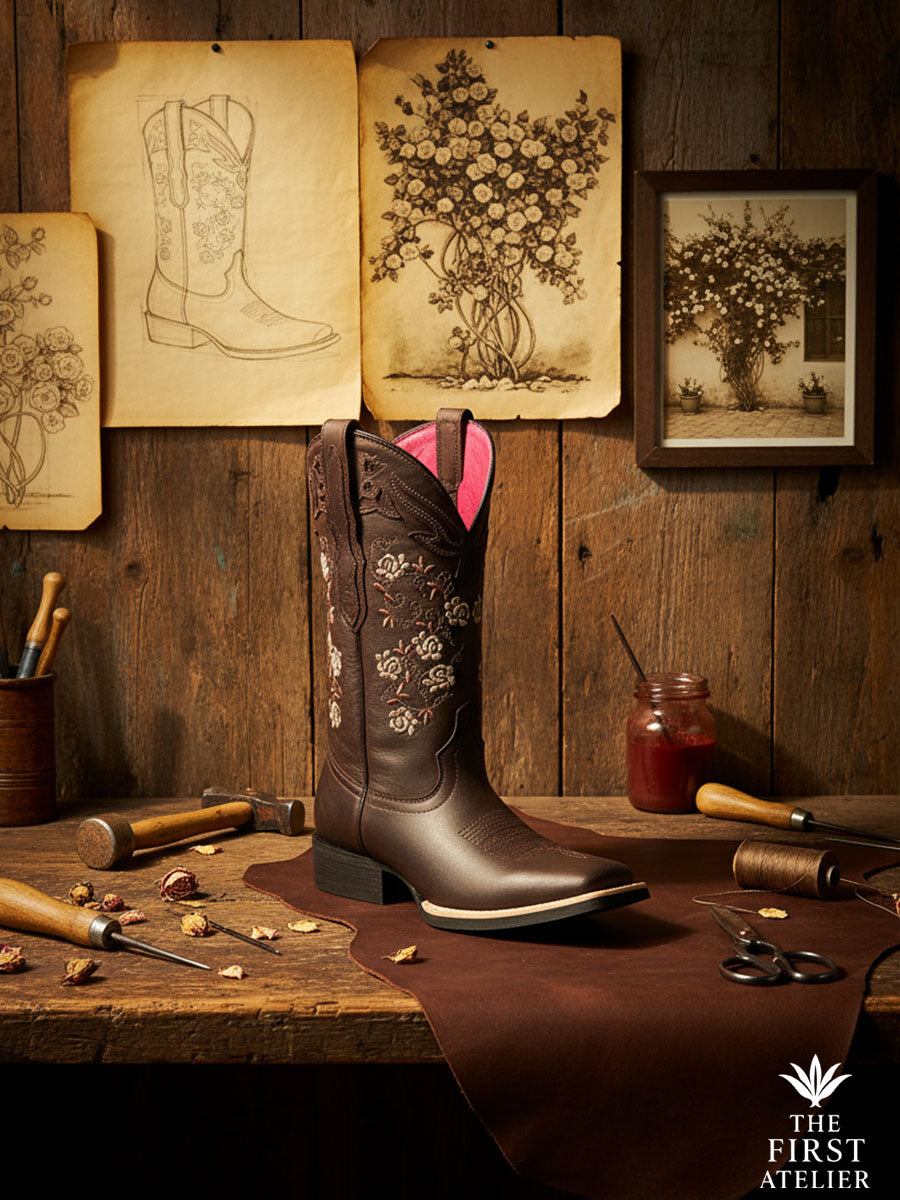 La Rosa de los Portales Boot on a leather workbench with vintage rose sketches and tools — a tribute to Mexican craftsmanship, Atelier No. 21.