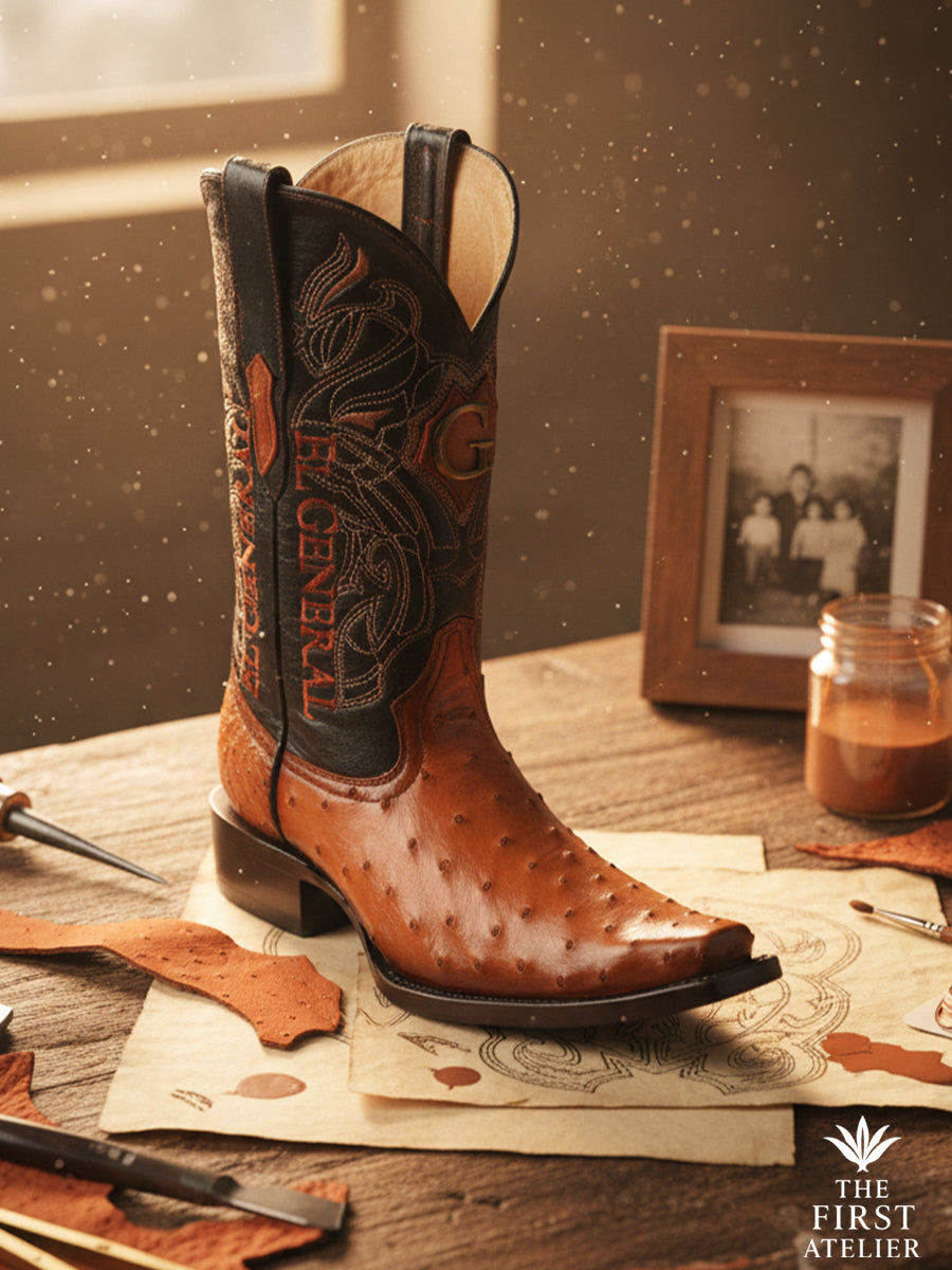 Finished cognac ostrich leather western boot displayed on an atelier table surrounded by sketches and tools, showcasing handcrafted detail and material depth.
