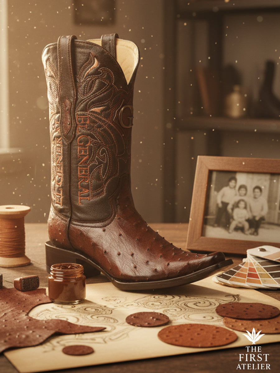 Finished coffee ostrich leather western boot displayed on an atelier table with sketches and tools, highlighting handcrafted detail and material depth.
