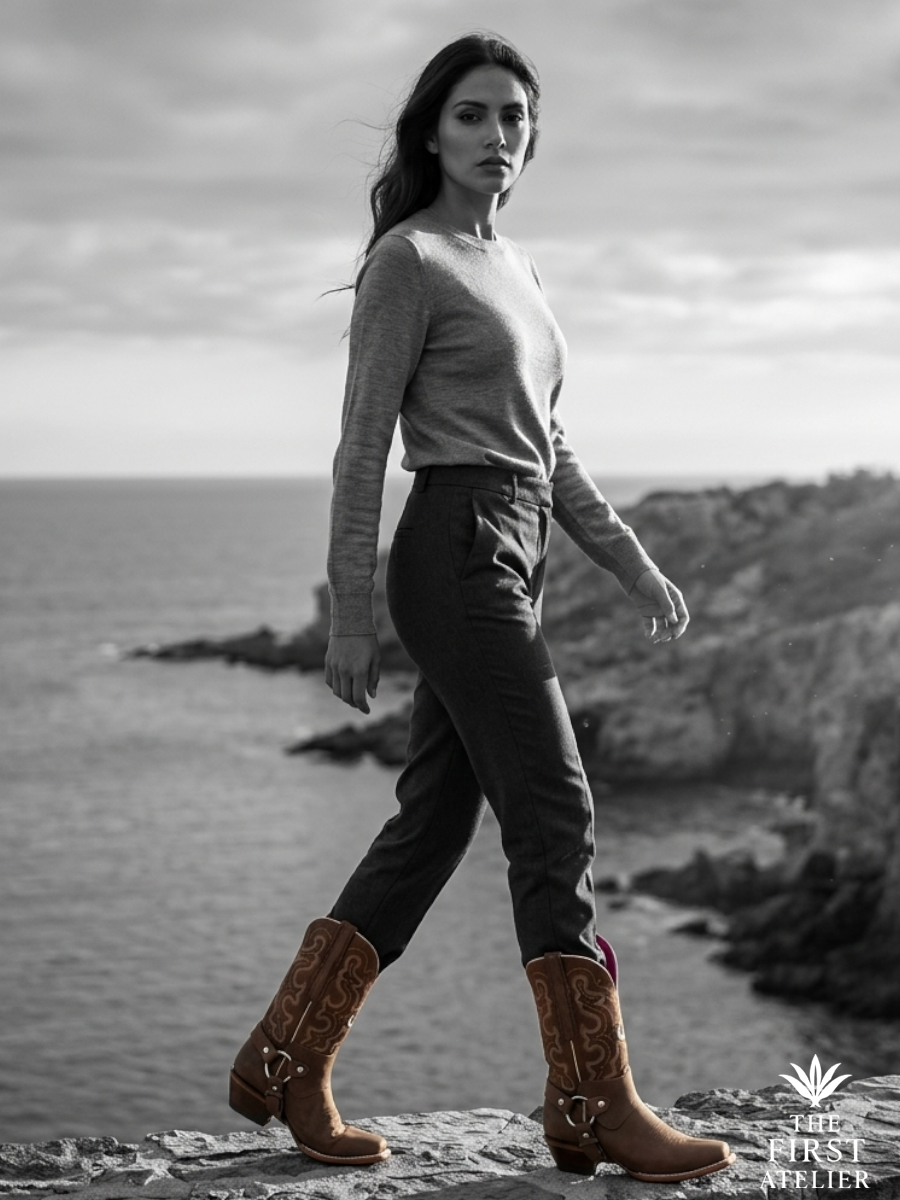 Black and white coastal scene with selective color highlighting handcrafted brown suede western boots — luxury editorial contrast photography