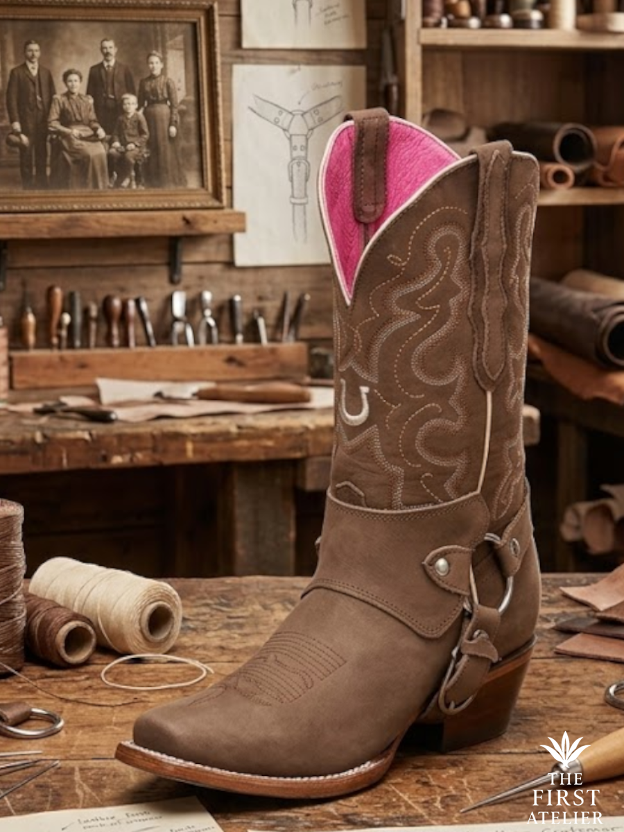 Handcrafted brown suede western boot with pink leather lining displayed in León, Guanajuato workshop — traditional Mexican bootmaking craftsmanship