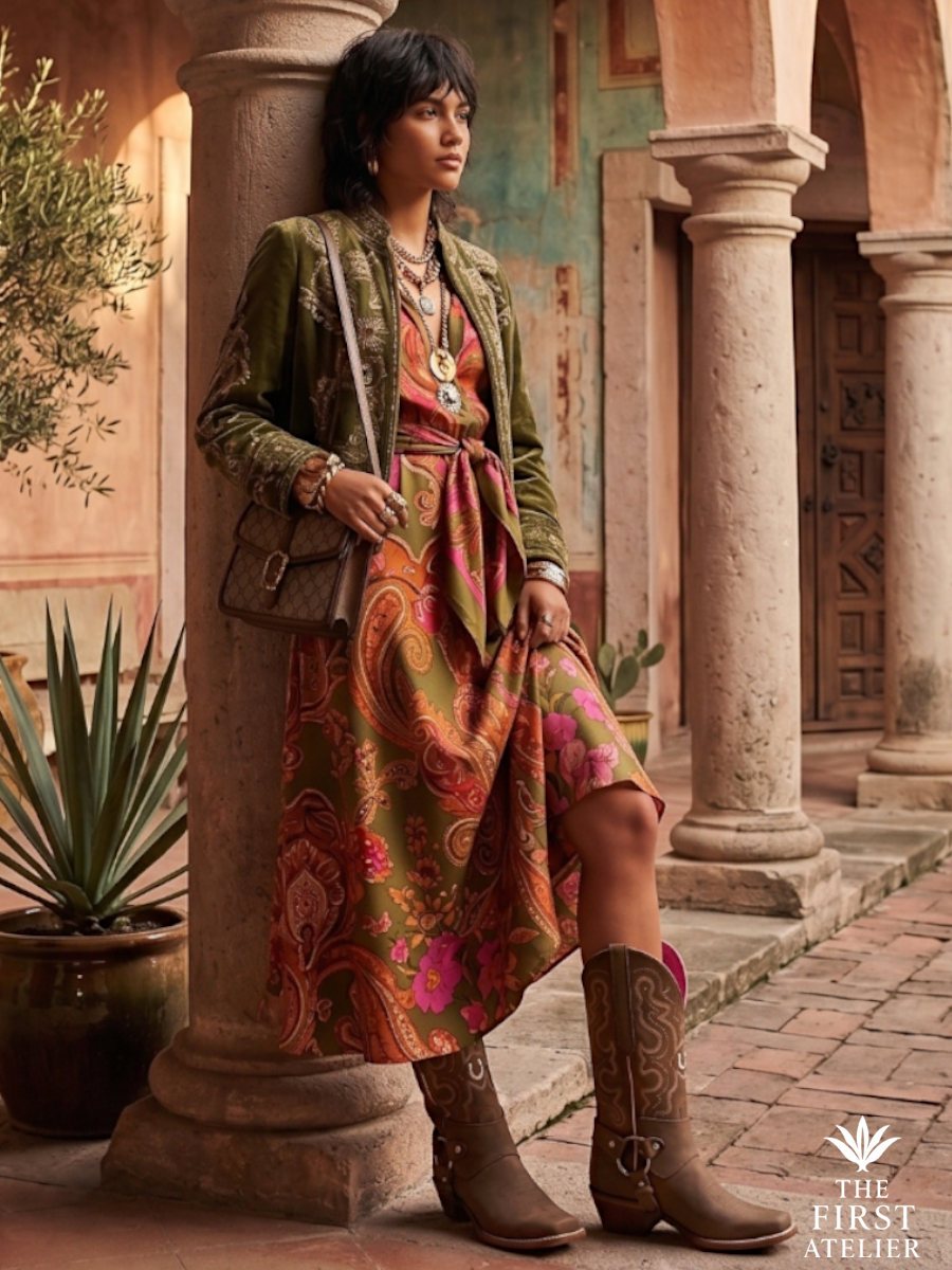 Latina woman styled in rich textures wearing premium brown suede western boots in San Miguel de Allende courtyard — elevated Mexican luxury lifestyle scene