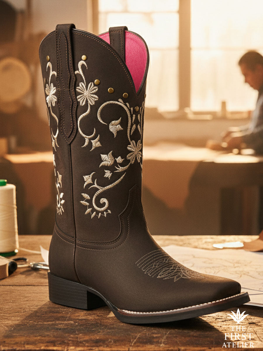 Close-up of La Flor de la Medianoche Boot — midnight black leather with ivory floral embroidery and rose lining, handcrafted in León, Guanajuato, Atelier No. 18.