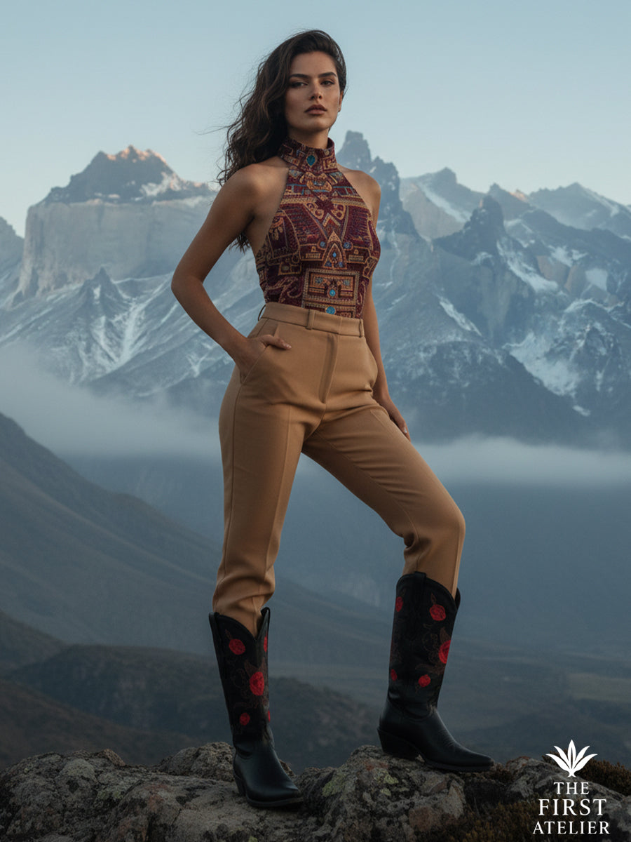 Model wearing the La Rosa del Silencio Boot with tan pants and an embroidered vest standing against the Andes horizon — strength in stillness, silence in power.