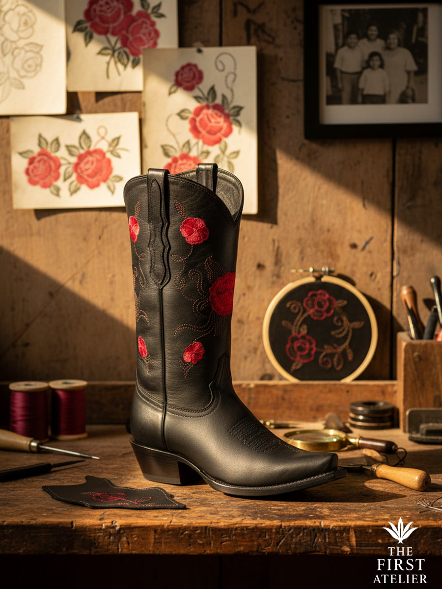 Close-up of the La Rosa del Silencio Boot in an artisan’s workshop surrounded by sketches and crimson threads — devotion to craft captured in silence.