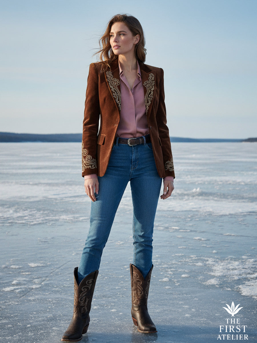 Model wearing the La Ruta del Invierno Boot with denim and a velvet jacket walking over a frozen lake under crisp morning light — composed strength in stillness.