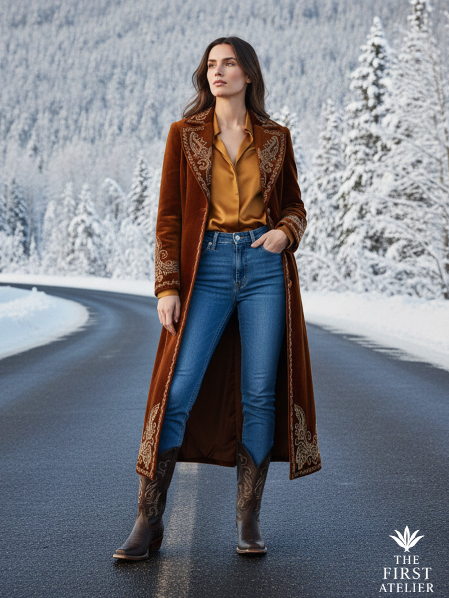 The La Ruta del Invierno Boot styled with a long embroidered coat and jeans along a winter mountain road — elegance built for endurance.