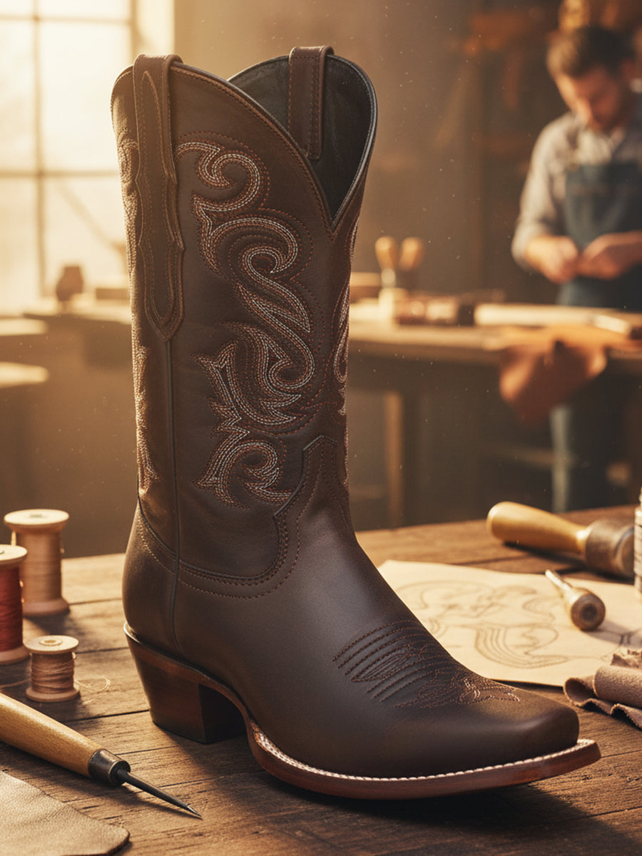 The La Ruta del Invierno Boot — handcrafted dark chestnut leather boot with tonal stitching and sculpted western silhouette, resting on the artisan’s bench in León.