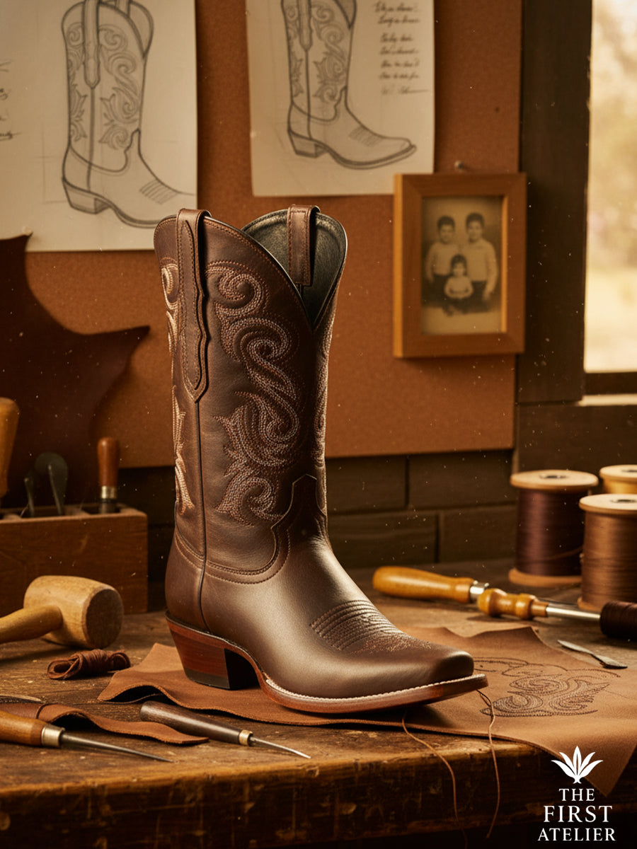 Close-up of the La Ruta del Invierno Boot on the craftsman’s table — tools, sketches, and soft afternoon light capturing the soul of fine leatherwork.