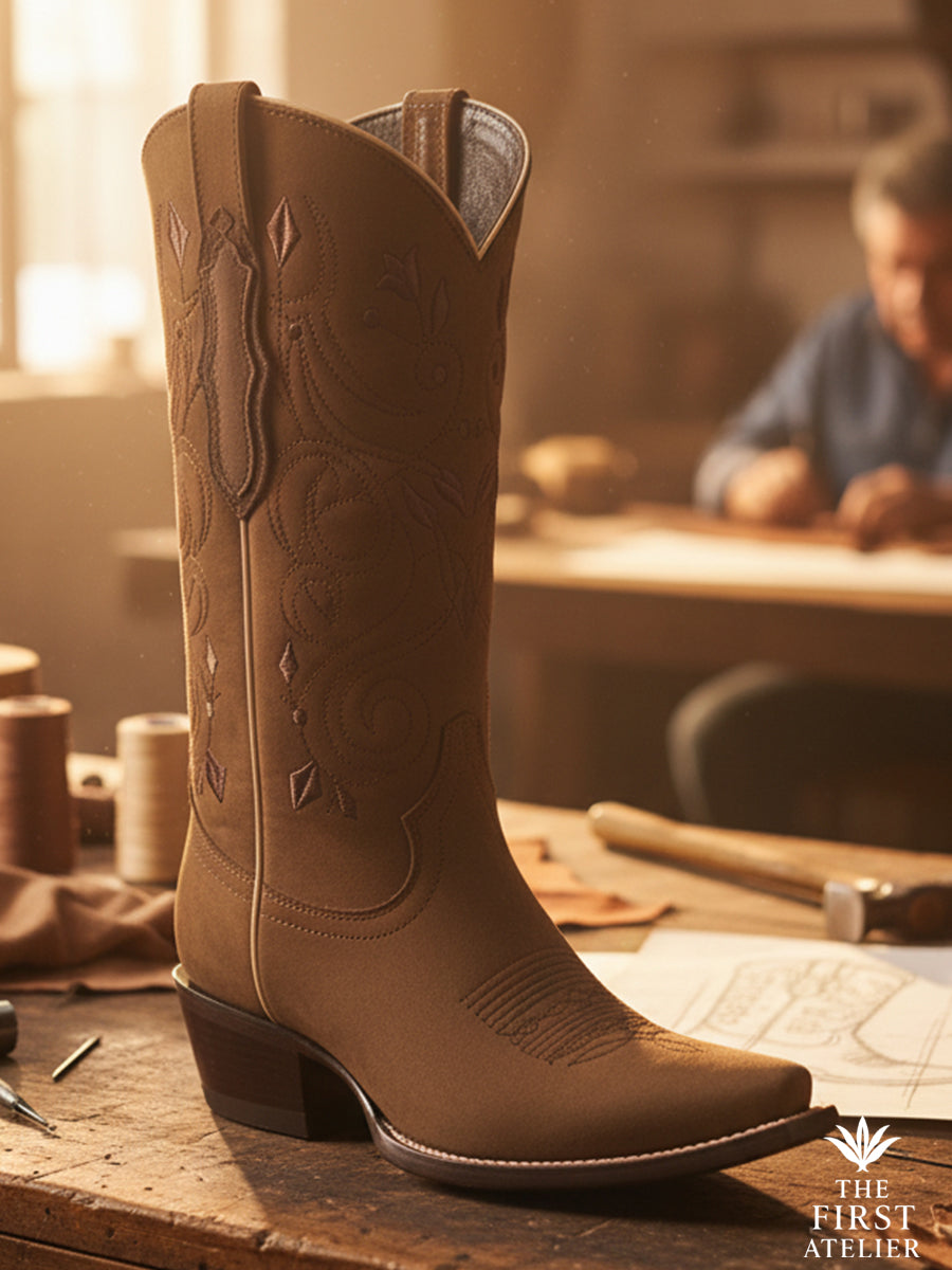 The La Rosa del Arno Boot — handcrafted tan full-grain leather with subtle floral stitchwork on the artisan’s bench in León.