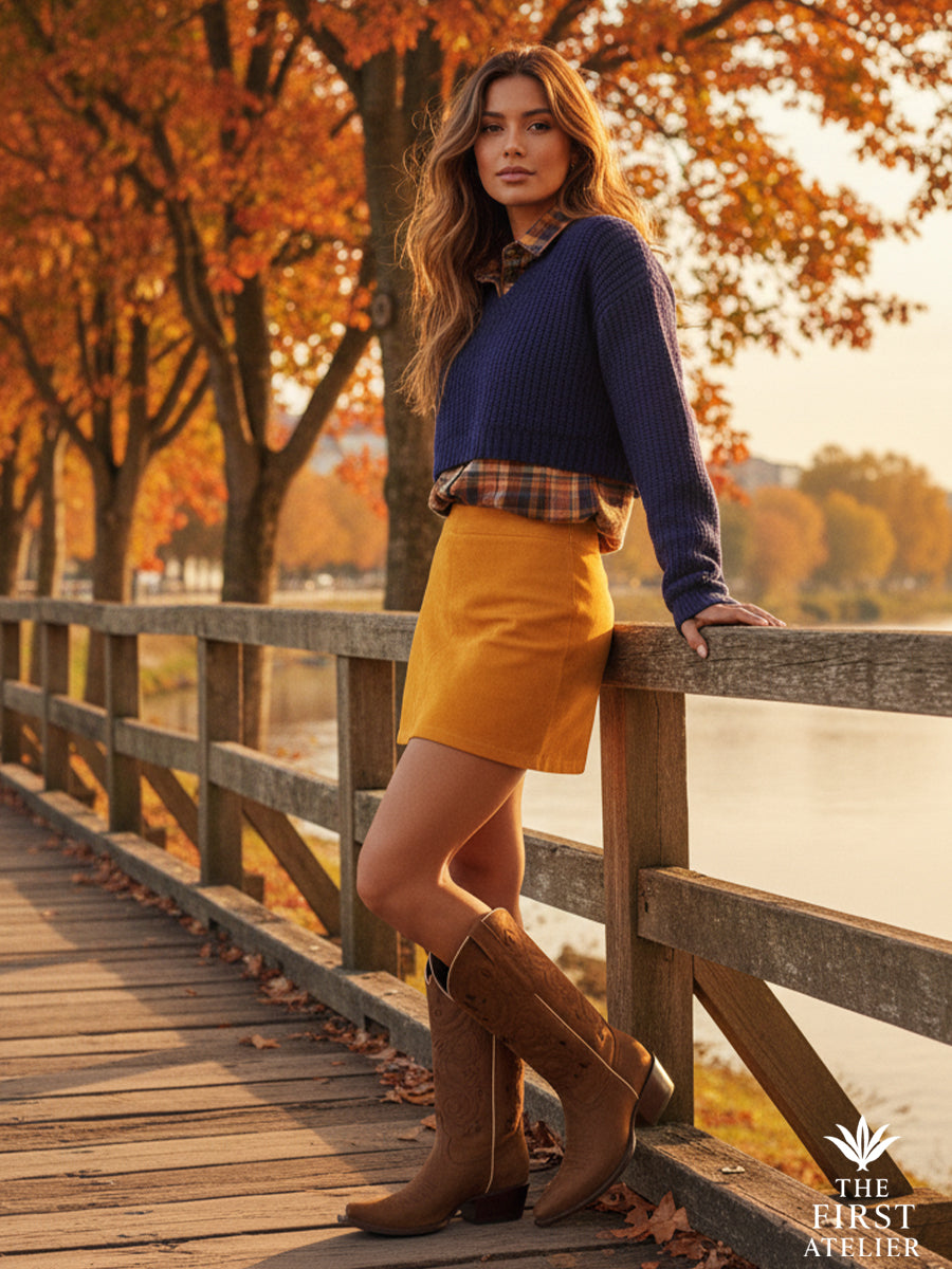 Model in knit and mini skirt crossing a wooden bridge at golden hour wearing the La Rosa del Arno Boot — warm autumn light, easy confidence.