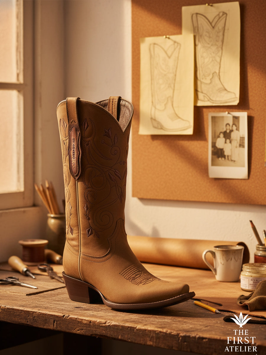 Close-up of the La Rosa del Arno Boot in the workshop with sketches and tools — small-batch Mexican craftsmanship.