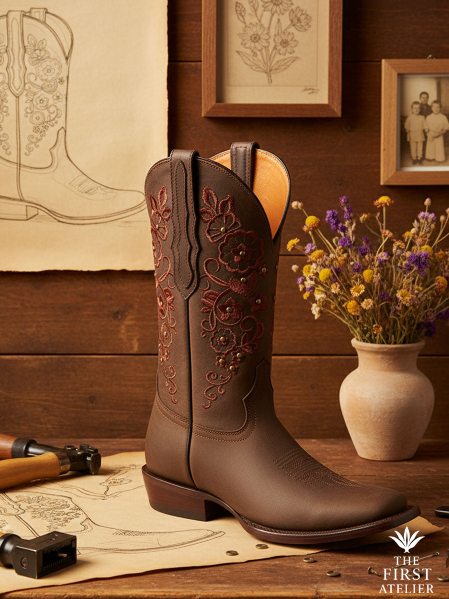 Close-up of The Atelier Granada Boot showcasing deep chocolate full-grain leather with garnet-red embroidery and golden accents — captured in warm artisan light, symbol of La Herencia Roja, Atelier No. 16.