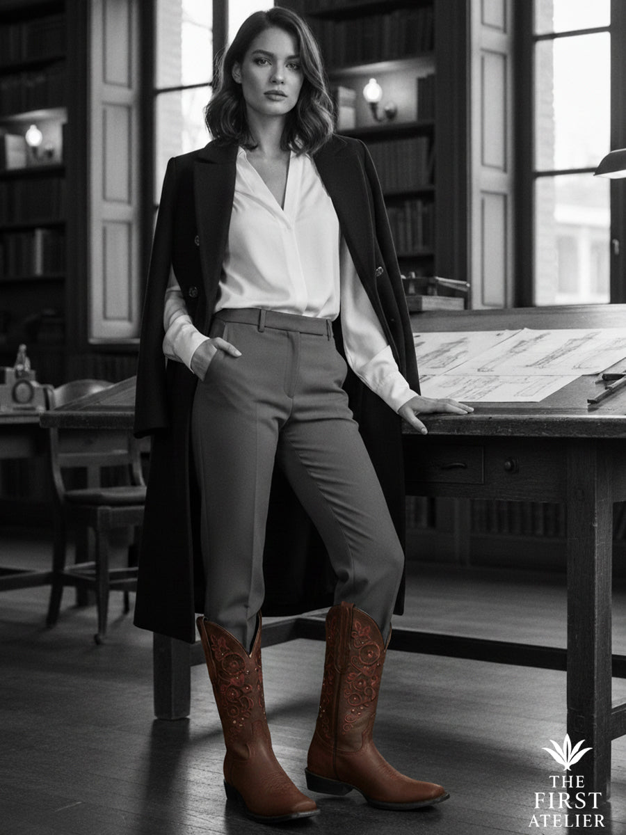Editorial black-and-white portrait of a woman in tailored attire wearing The Atelier Granada Boot — embodying confidence, heritage, and timeless poise, Atelier No. 16.