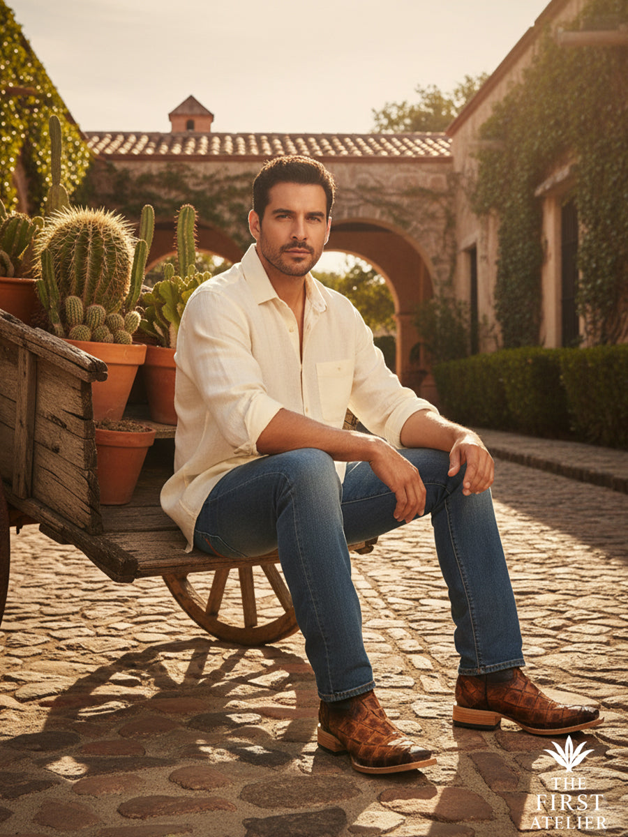 Man seated in a garden courtyard wearing a men’s western boot crafted in ochre pirarucu leather with a dark leather shaft, captured in a moment of stillness and reflection, The First Atelier, Atelier No. 34.
