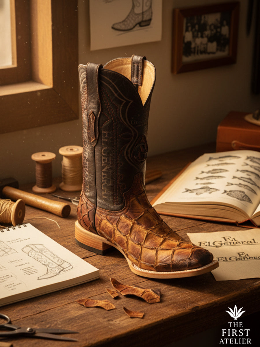 Close-up of a men’s western boot crafted in ochre pirarucu leather resting on an artisan’s workshop desk, revealing natural scale texture, leather contrast, and hand-drawn design sketches, The First Atelier, Atelier No. 34.

