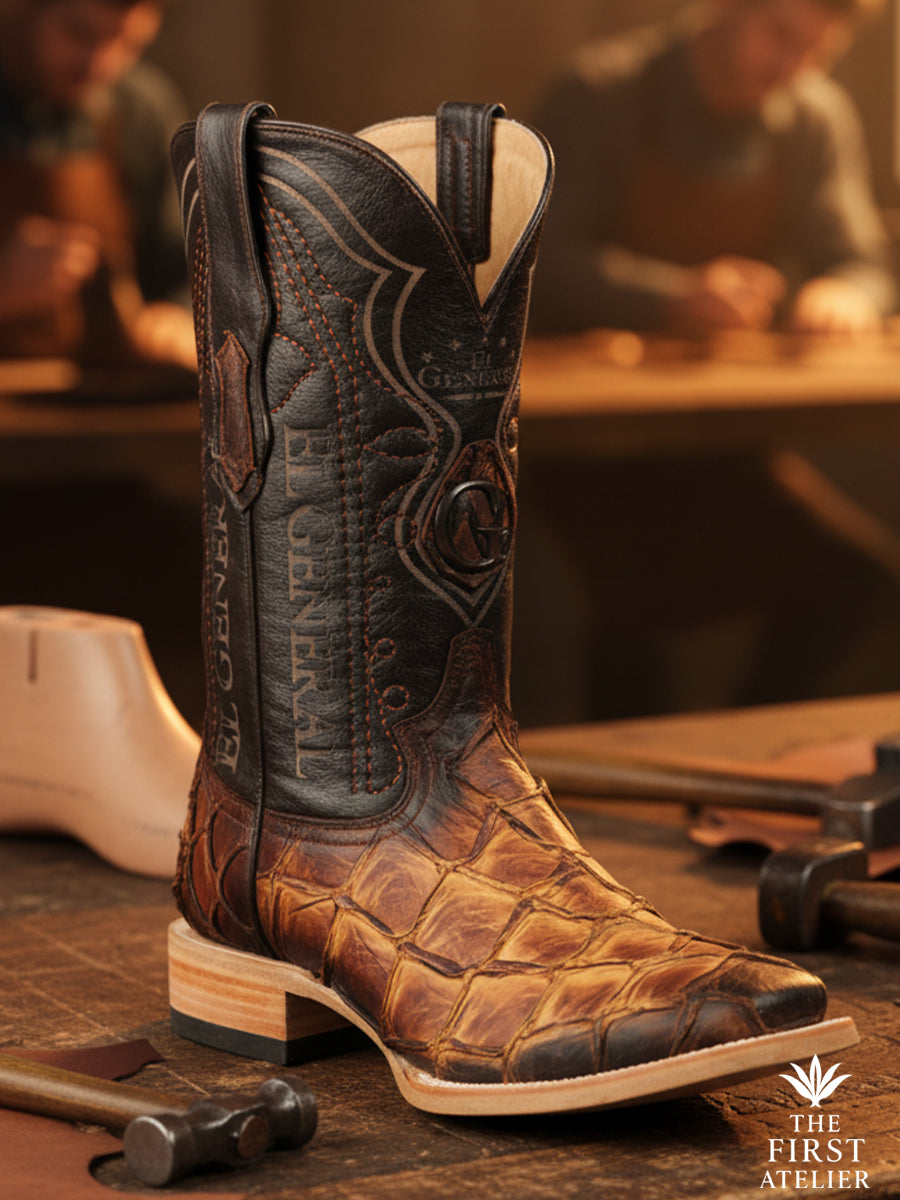 Men’s western boot crafted in ochre pirarucu leather with a dark leather shaft, photographed on an artisan’s worktable surrounded by tools and sketches, The First Atelier, Atelier No. 34.
