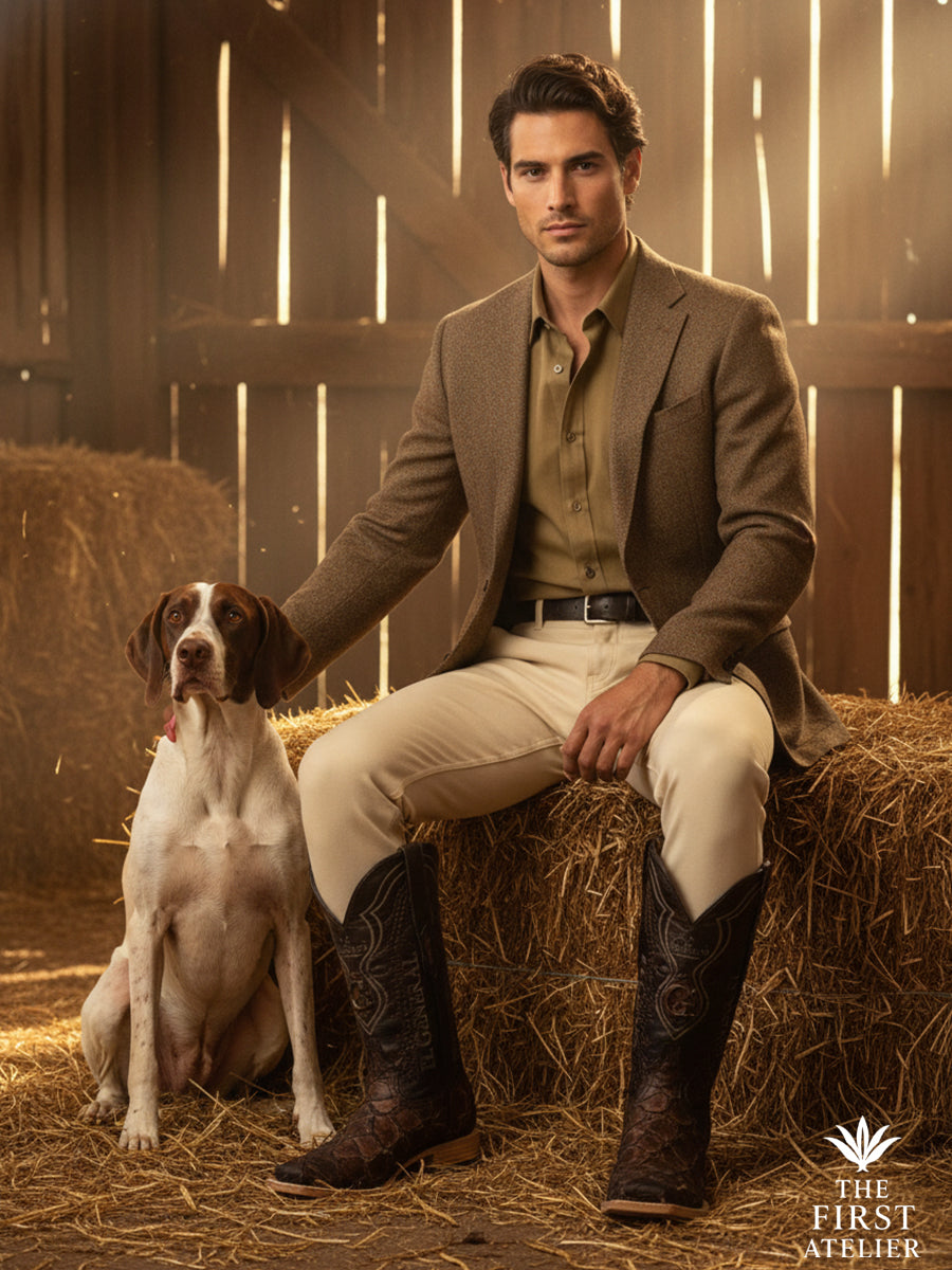 Man seated inside a barn with his dog, wearing the El Terreno Boot in dark textured leather, captured in a moment of quiet companionship and rural continuity, The First Atelier, Atelier No. 35.
