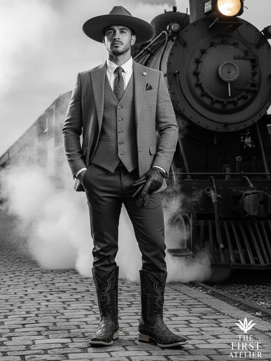 Black-and-white editorial portrait of a man standing near a steam locomotive wearing the El Terreno Boot in dark textured leather, expressing industrial heritage, strength, and timeless masculine presence, The First Atelier, Atelier No. 35.
