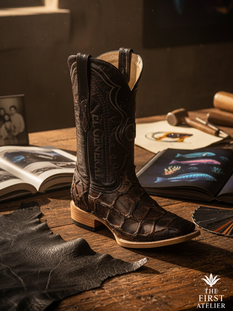 Close-up of the El Terreno Boot in dark textured leather resting on an artisan’s workshop desk, highlighting natural leather grain, construction details, and the enduring character of handcrafted western footwear, The First Atelier, Atelier No. 35.
