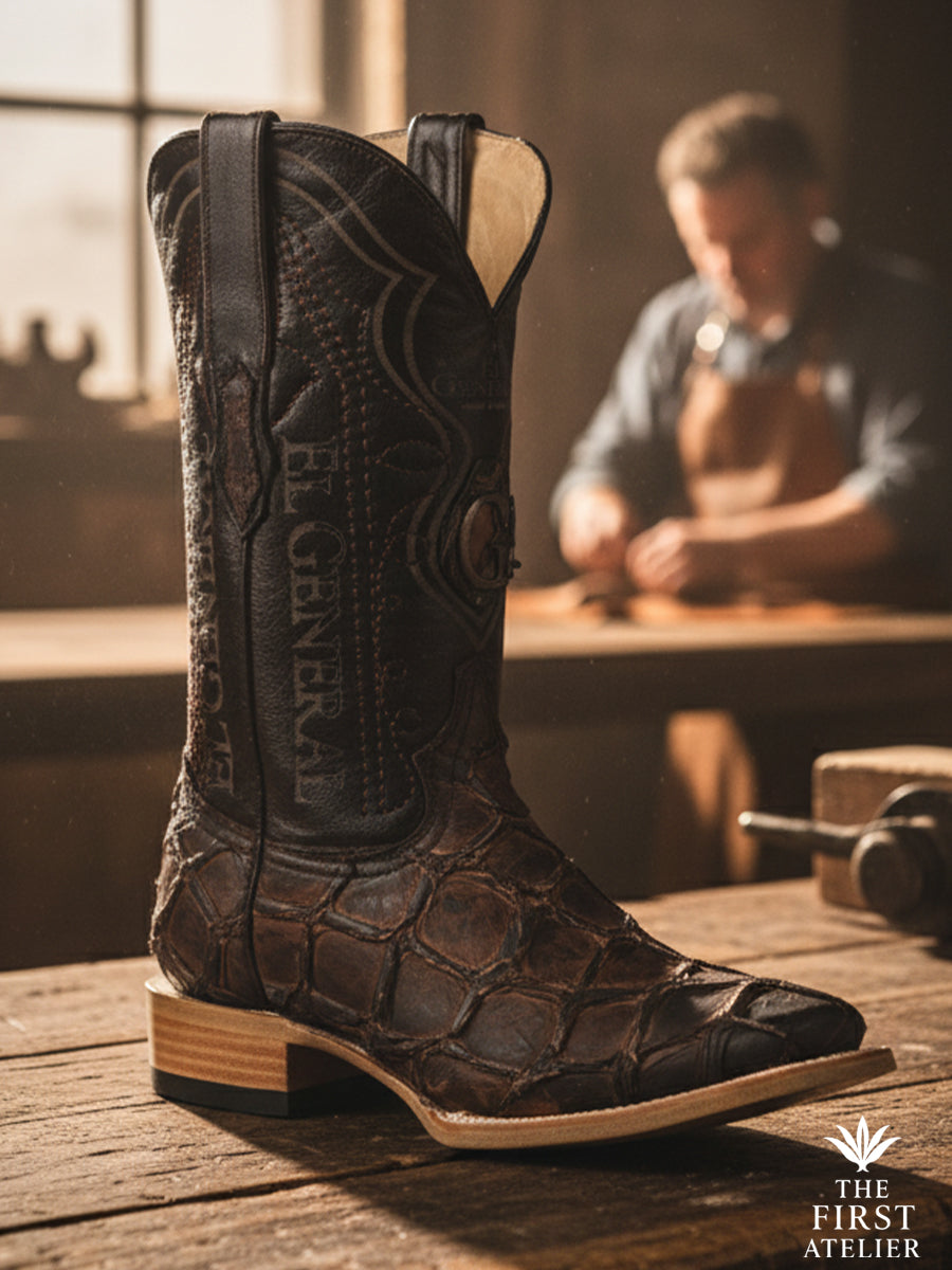 The El Terreno Boot — men’s western boot in dark textured leather, photographed on an artisan’s worktable with tools and sketches, expressing heritage craftsmanship and grounded elegance, The First Atelier, Atelier No. 35.
