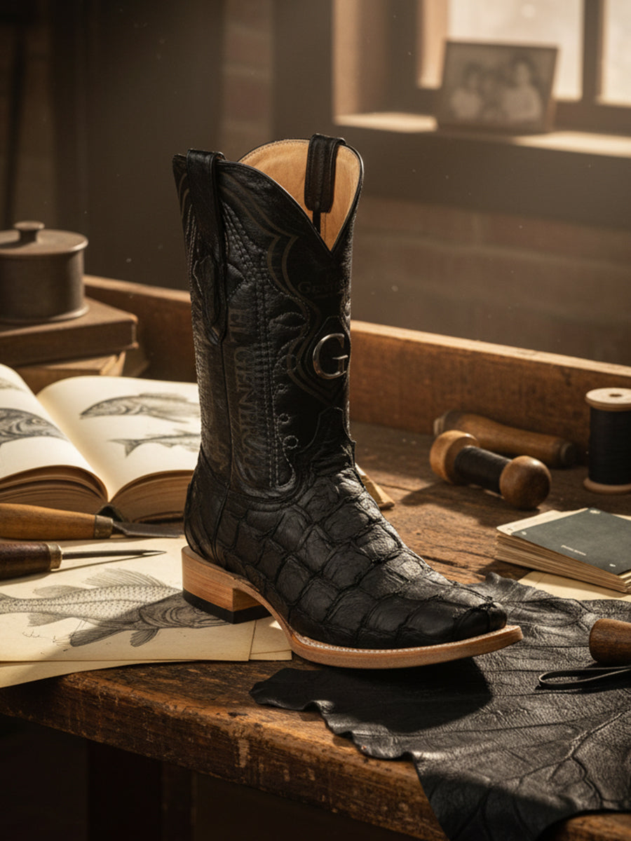 Close-up of the El Tránsito Boot crafted in black pirarucu (monster fish) leather resting on an artisan’s workshop desk, highlighting natural scale texture, precise construction, and refined western detailing, The First Atelier, Atelier No. 36.

