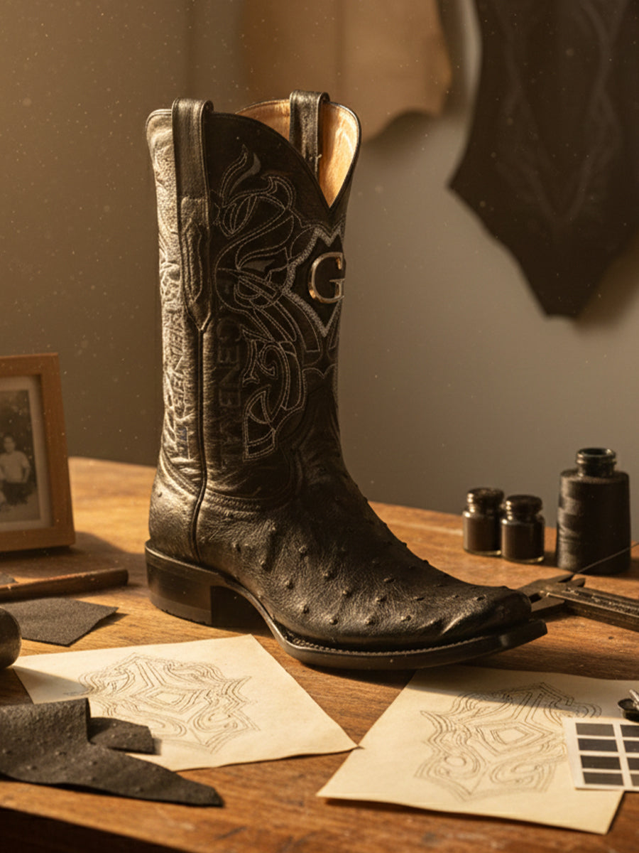 Close-up of The First Atelier Atelier No. 47 men’s western boot crafted in black ostrich leather, photographed in the atelier — distinctive quill texture, precise stitching, and the quiet confidence of handcrafted work.
