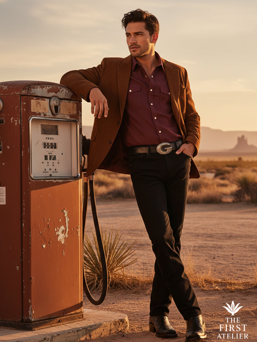Man leaning against a vintage gas pump wearing The First Atelier Atelier No. 47 men’s western boots in black ostrich leather — a solitary pause on an open road, where discipline meets freedom.
