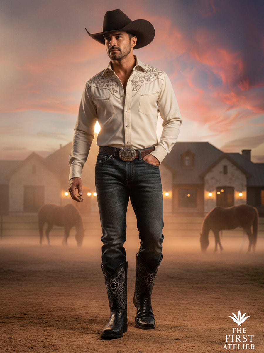 Man walking through open ranch land wearing The First Atelier Atelier No. 47 men’s western boots in black ostrich leather — a modern cowboy silhouette grounded in confidence, texture, and disciplined movement.
