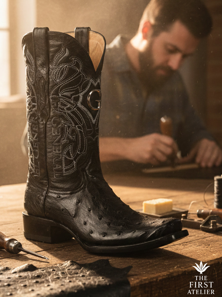 The First Atelier Atelier No. 47 men’s western boot in black ostrich leather displayed on an artisan’s workbench, surrounded by tools and sketches — handcrafted luxury defined by texture, precision, and quiet strength.
