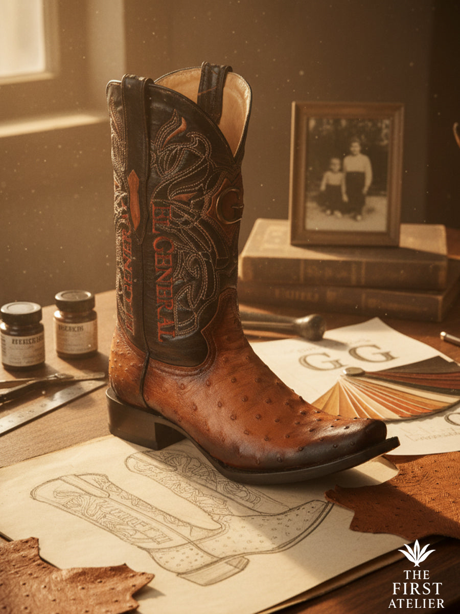 Close-up of The First Atelier Atelier No. 48 men’s western boot crafted in cognac ostrich leather, photographed in the atelier — distinctive quill texture, warm patina, and precise handcrafted finishing.
