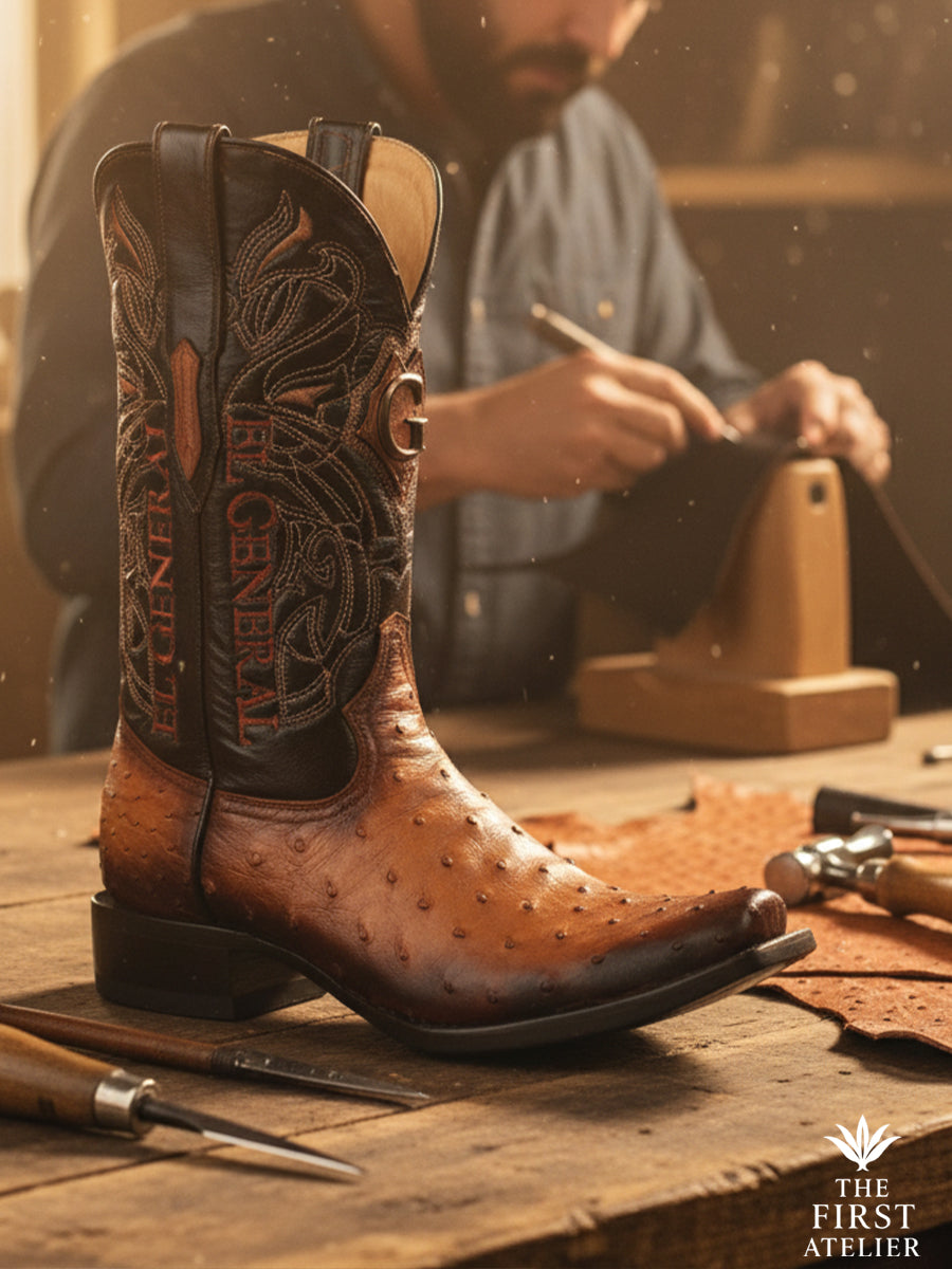 The First Atelier Atelier No. 48 men’s western boot in cognac ostrich leather resting on an artisan’s workbench, surrounded by tools and sketches — warm tone, natural quill texture, and handcrafted precision.
