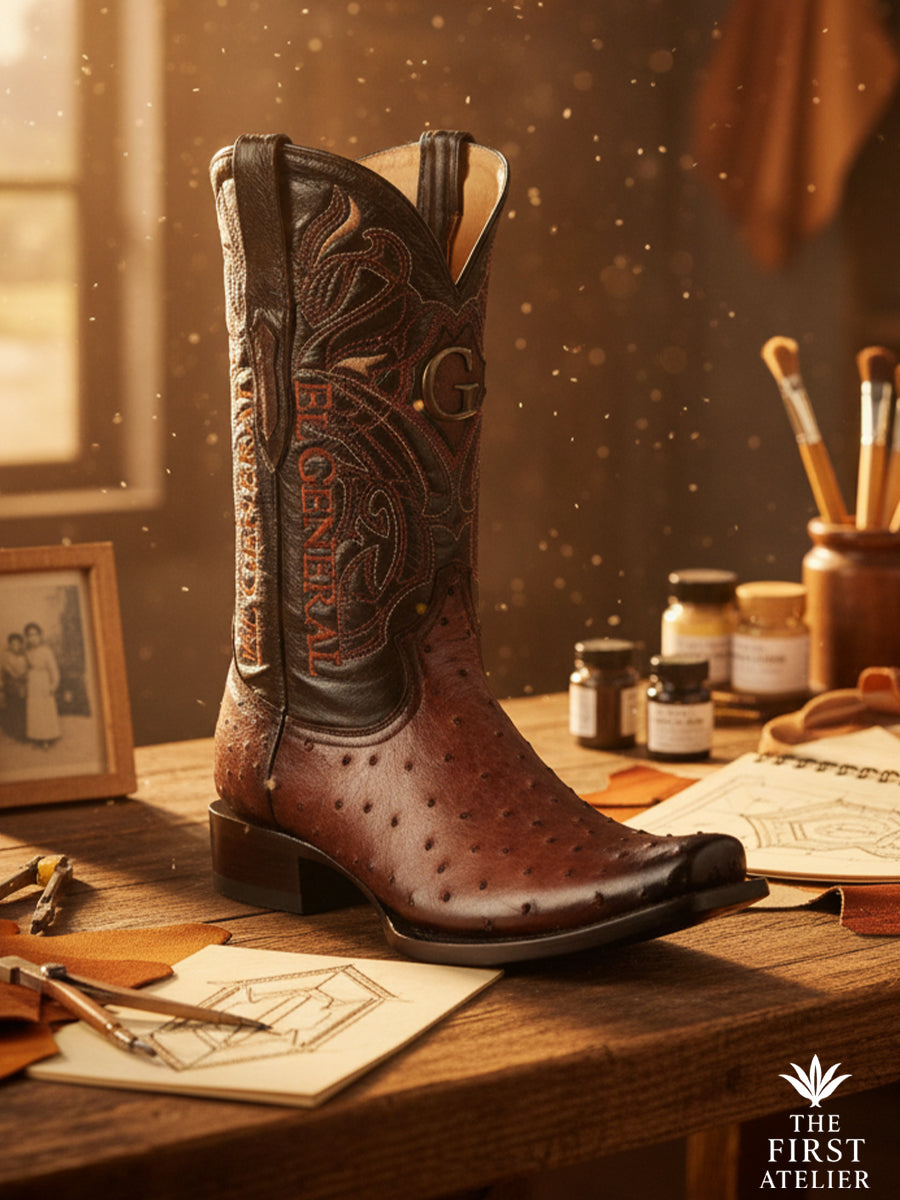 Close-up of The First Atelier Atelier No. 49 men’s western boot crafted in brown ostrich leather, photographed in the atelier — distinctive quill texture, precise stitching, and the quiet authority of handcrafted work.
