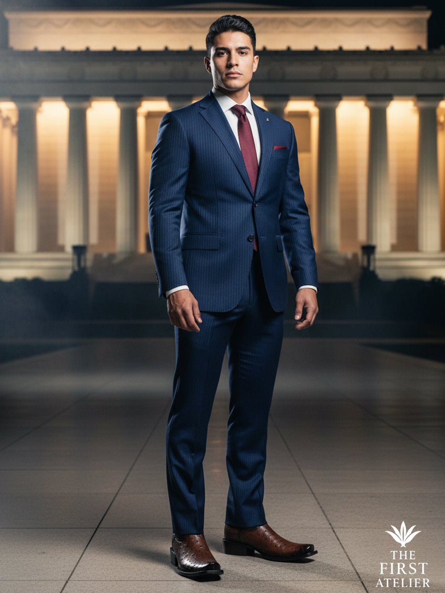 Man wearing The First Atelier Atelier No. 49 brown ostrich leather western boots with a tailored navy suit, standing before monumental architecture — refined contrast between formal elegance and western discipline.
