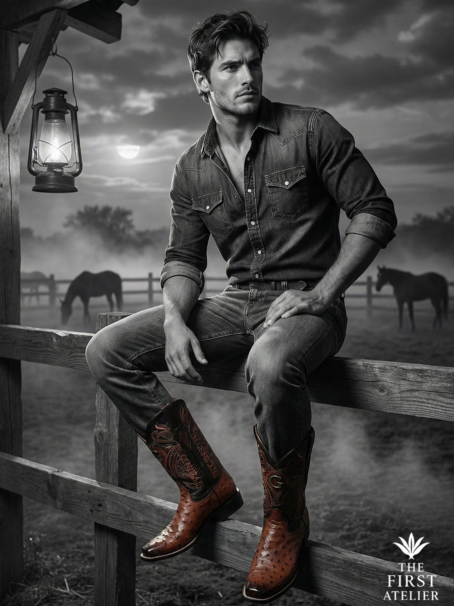 Black and white portrait of a man wearing The First Atelier Atelier No. 49 brown ostrich leather western boots, seated in a rural setting — strength, restraint, and timeless craftsmanship expressed through texture and form.
