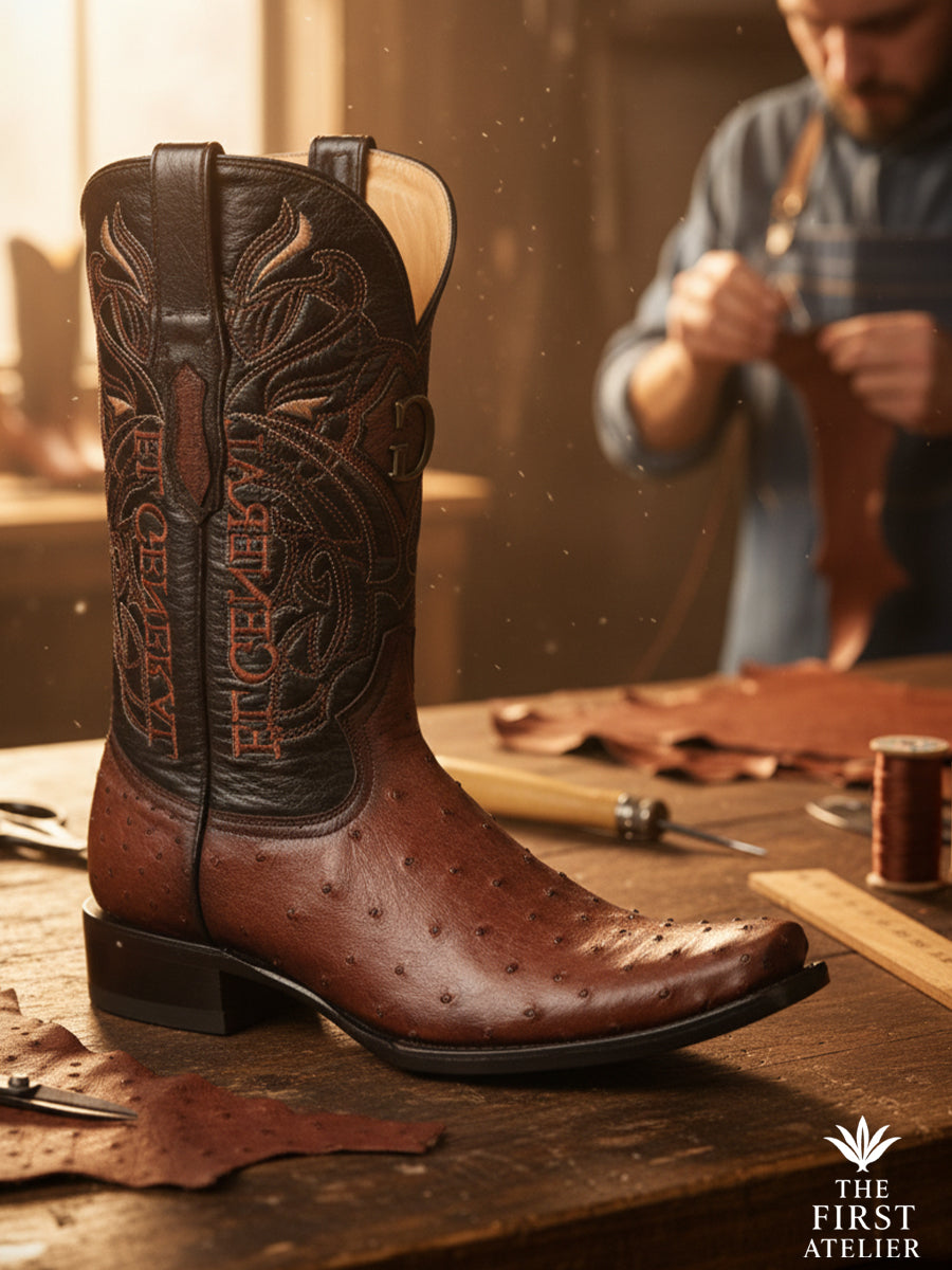 The First Atelier Atelier No. 49 men’s western boot in brown ostrich leather displayed on an artisan’s workbench, surrounded by tools and leather pieces — rich tone, distinctive quill texture, and disciplined craftsmanship.
