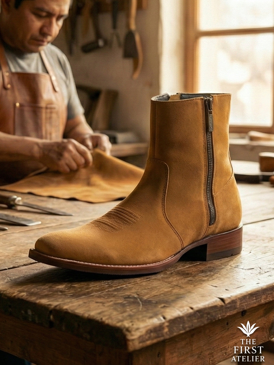 Close-up of Atelier No. 68 El Refugio Boot in honey-toned suede, being hand-finished by an artisan in the workshop.