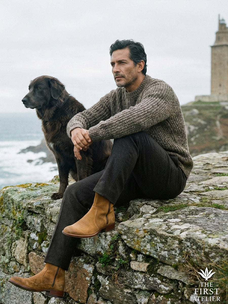 Relaxed outdoor lifestyle shot of a man sitting on a stone wall with his dog, wearing Atelier No. 68 El Refugio Boot in tan suede.