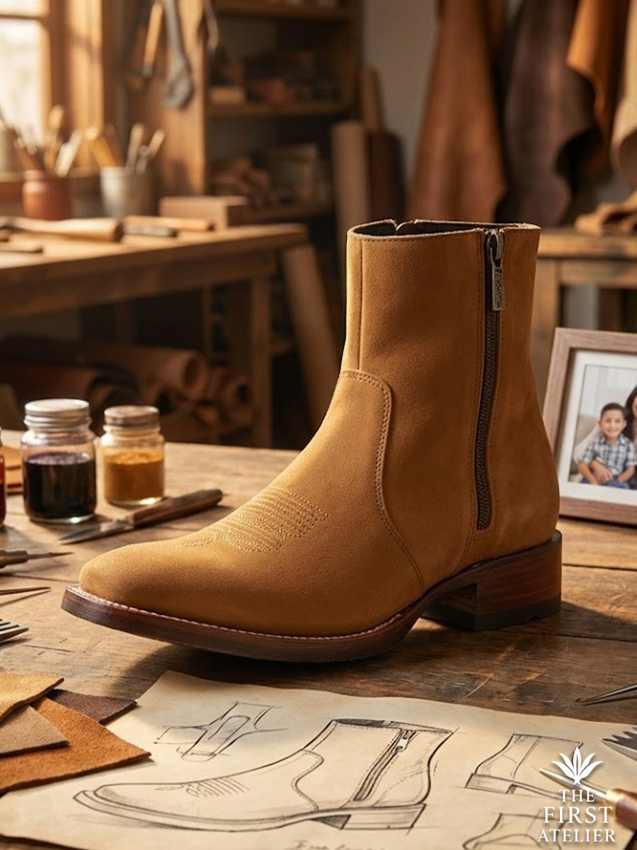 Studio still life of the Atelier No. 68 El Refugio Boot showing the inner side zipper and premium suede texture alongside design sketches