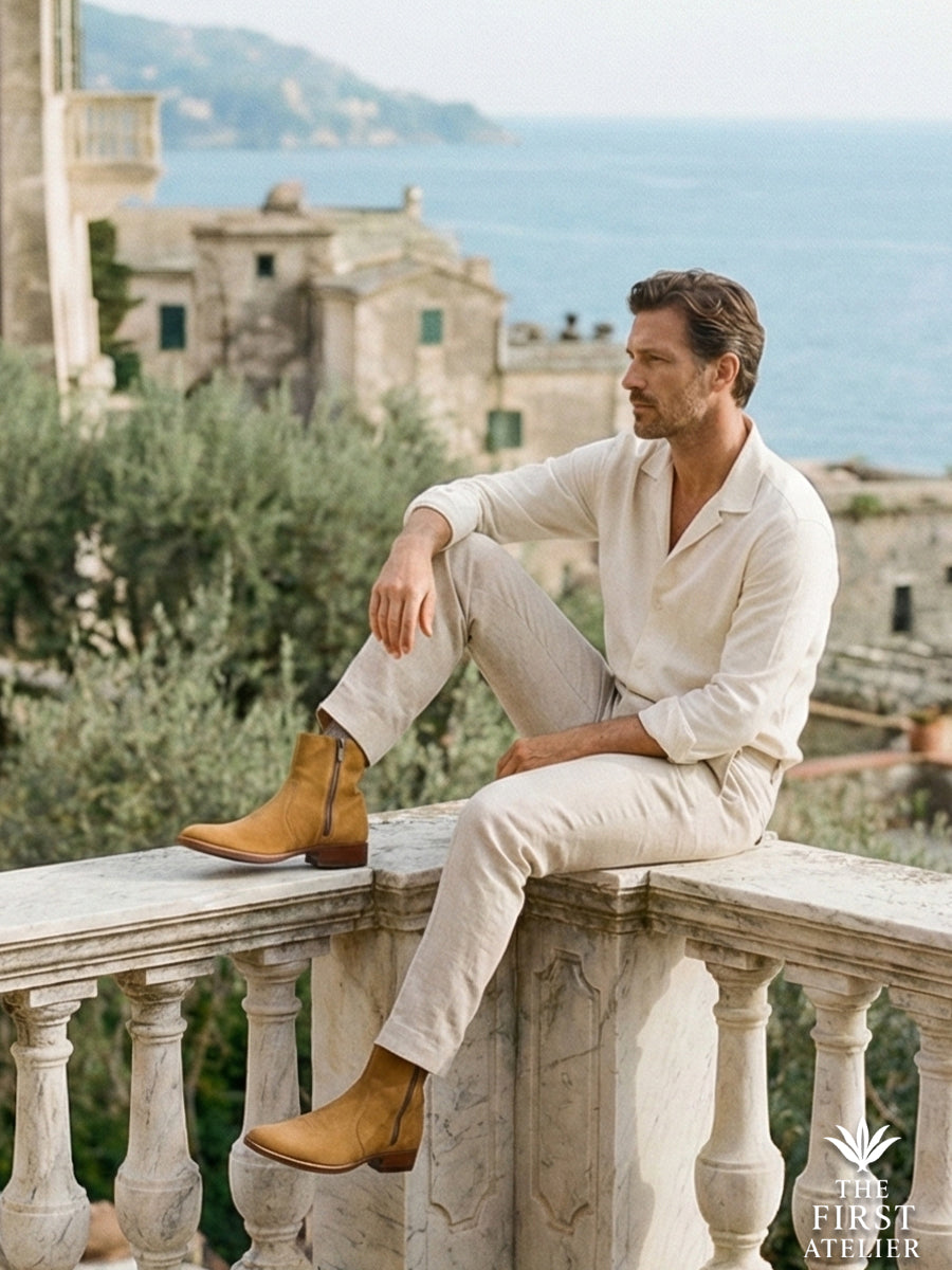 Man in linen suit leaning on a coastal balcony wearing Atelier No. 68 El Refugio Boot, overlooking the ocean