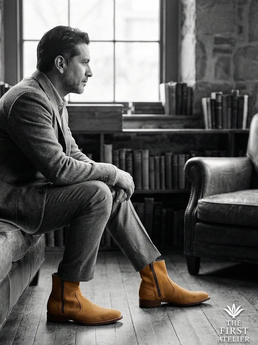 Couple walking through an old European town; man wears Atelier No. 68 El Refugio Boot with casual beige trousers.