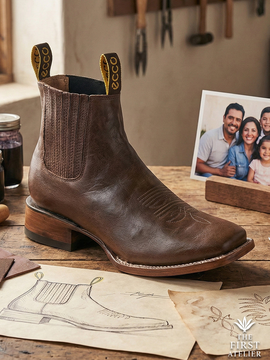 Artistic still life of Atelier No. 68 Chelsea boot resting on hand-drawn design blueprints and leather swatches.