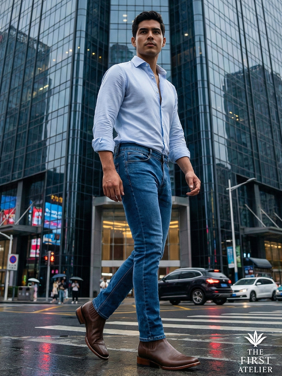 Street style shot of Atelier No. 68 El Trazo Maestro Boot paired with denim, walking through a city financial district on a rainy day.