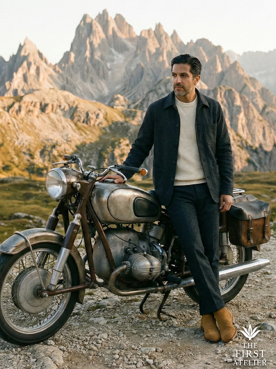 Man standing next to a vintage motorcycle in the mountains wearing Atelier No. 69 El Legado Boot, embodying the spirit of adventure