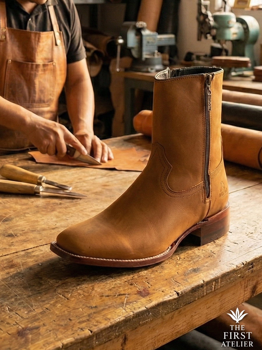 Master artisan shaping the Atelier No. 69 El Legado Boot in honey-tan matte leather on a vintage workbench.