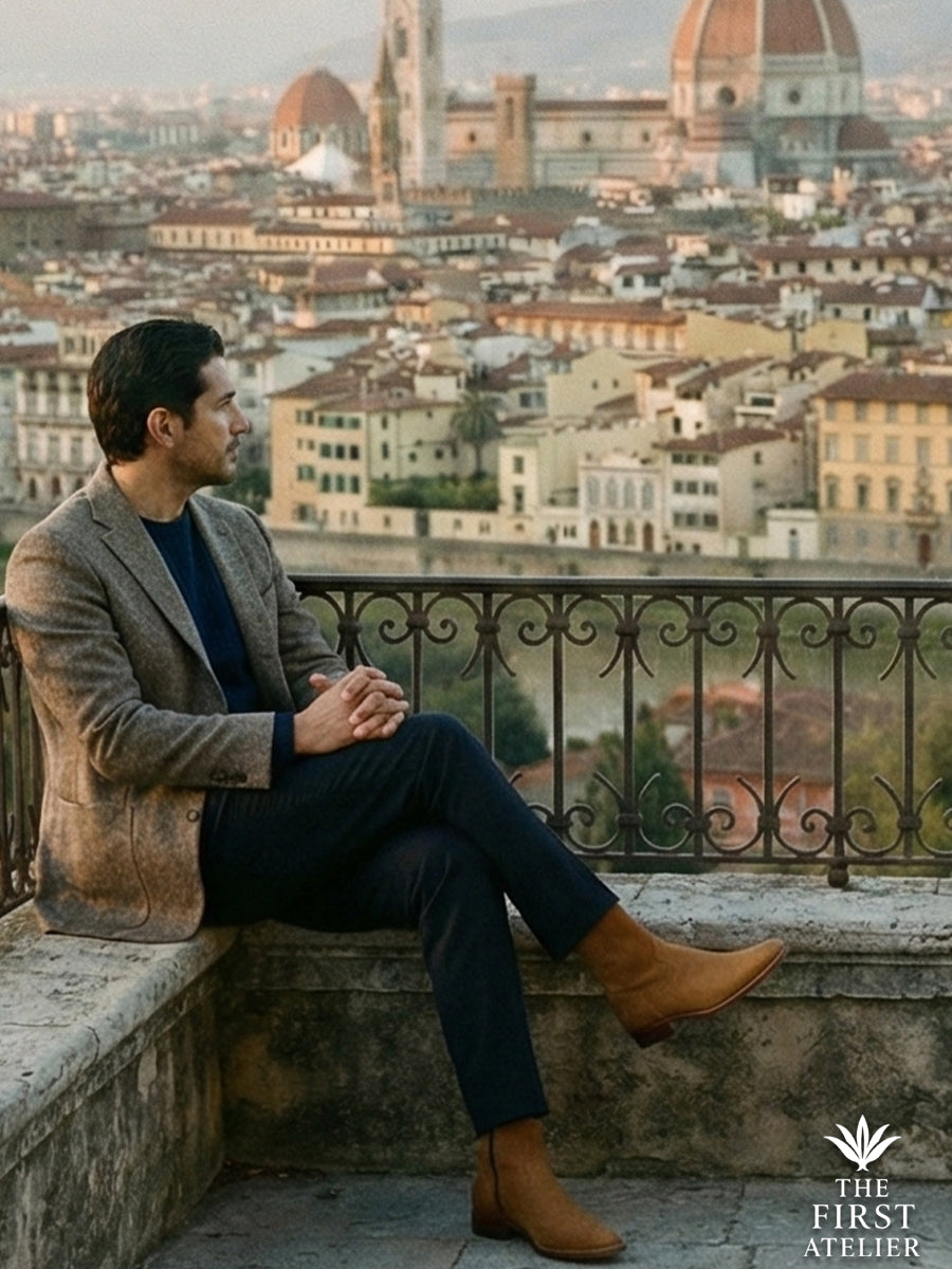Man resting on a stone balcony overlooking a historic European city, wearing navy trousers and the honey leather Atelier No. 69 Boot.